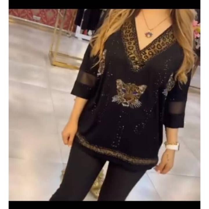 بلوز مجلسی زنانه پلنگی سنگ کریستال ترک ()